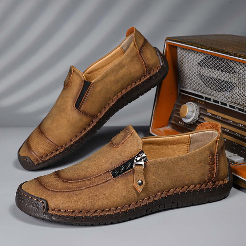 🔥Heißer Verkauf🎉Herren Handgefertigte, lässige, bequeme Leder-Slip-On-Schuhe mit seitlichem Reißverschluss