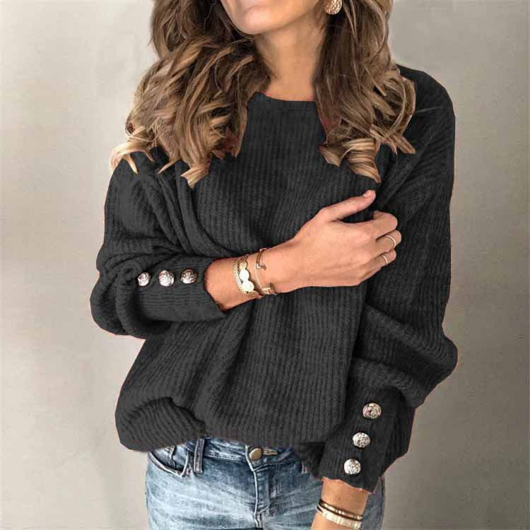 Women's Street Hipster Long-sleeved Round Neck Button Sweater Top T-shirt