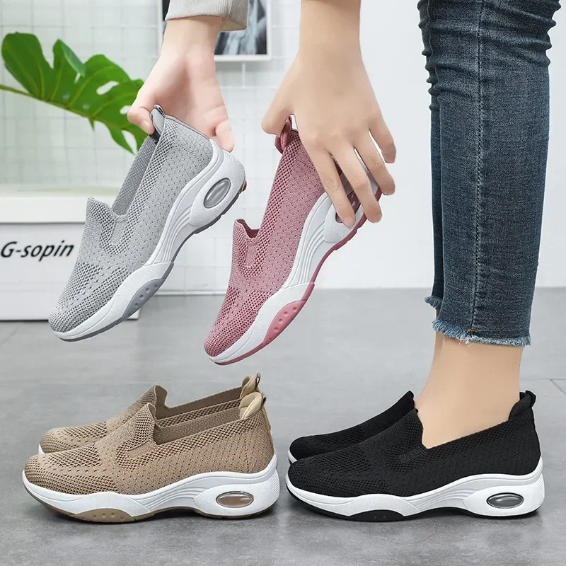 Women Casual Flat Breathable Knitted Sneakers Fashion Slip on Soft Bottom Walking Shoes