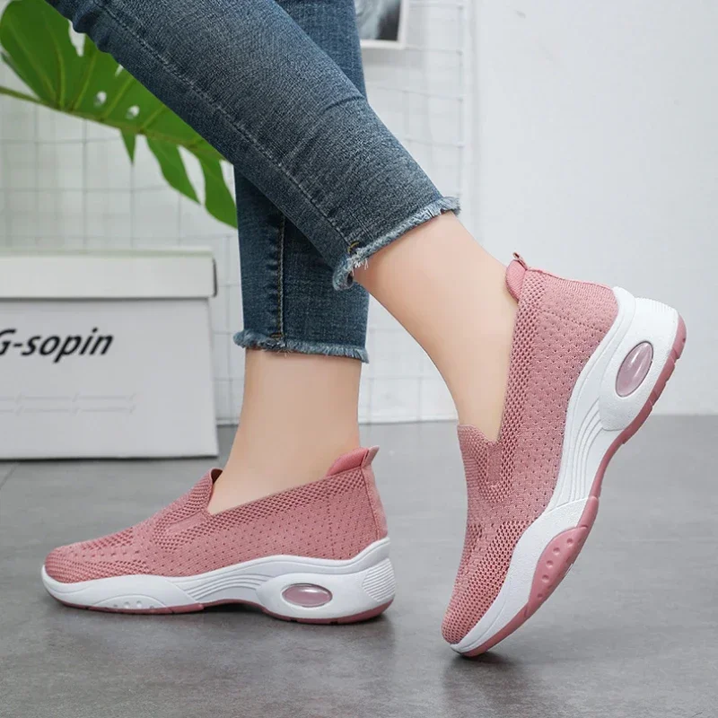 Women Casual Flat Breathable Knitted Sneakers Fashion Slip on Soft Bottom Walking Shoes