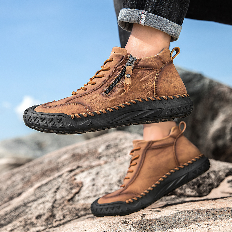 Men's Outdoor Leather Shoes with Zipper – Waterproof, Arch Support & Wide Toe Comfort