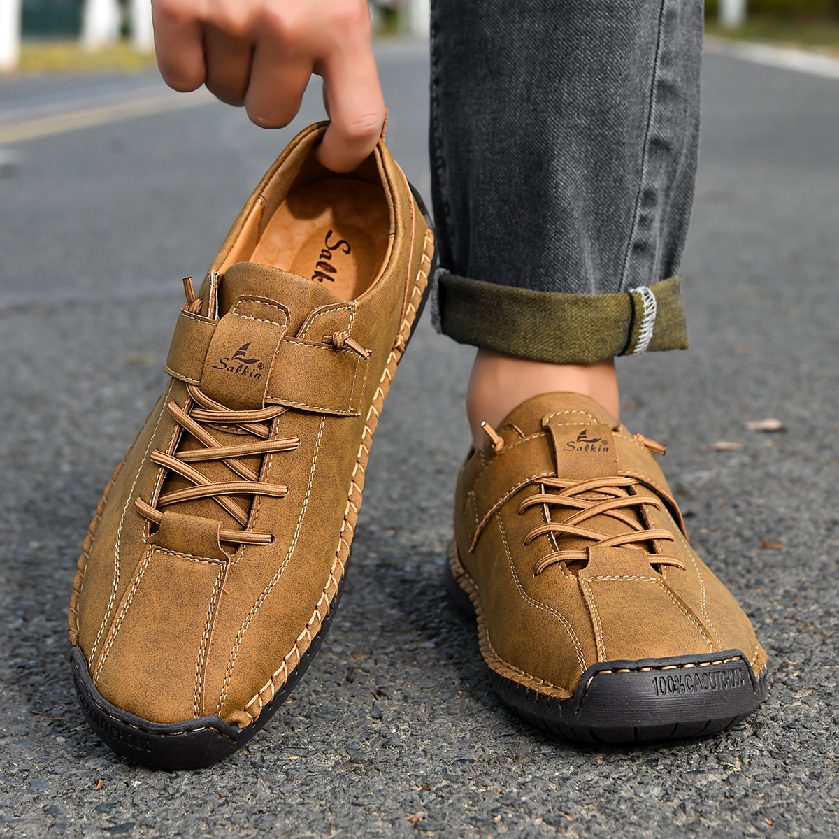 Four Seasons New Large Size Short Boots Men'S Handmade Stitched Leather Shoes Foreign Trade Casual Cross-Border Martin Boots Men'S Lazy Shoes