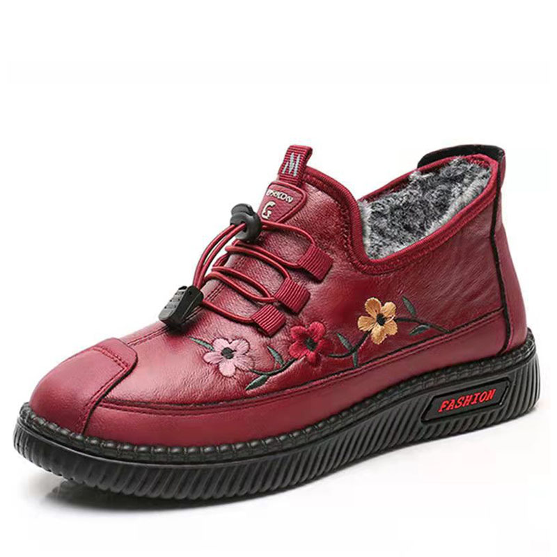 Leather Fur Moccasins Women Loafers for Elderly Females Soft Warm