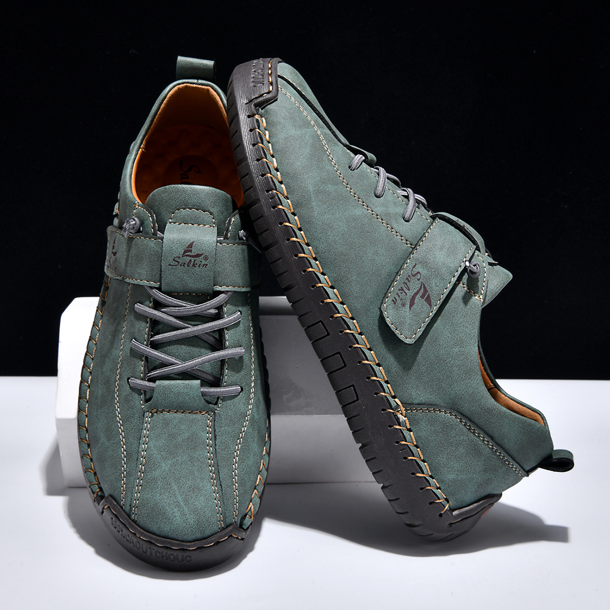Four Seasons New Large Size Short Boots Men'S Handmade Stitched Leather Shoes Foreign Trade Casual Cross-Border Martin Boots Men'S Lazy Shoes