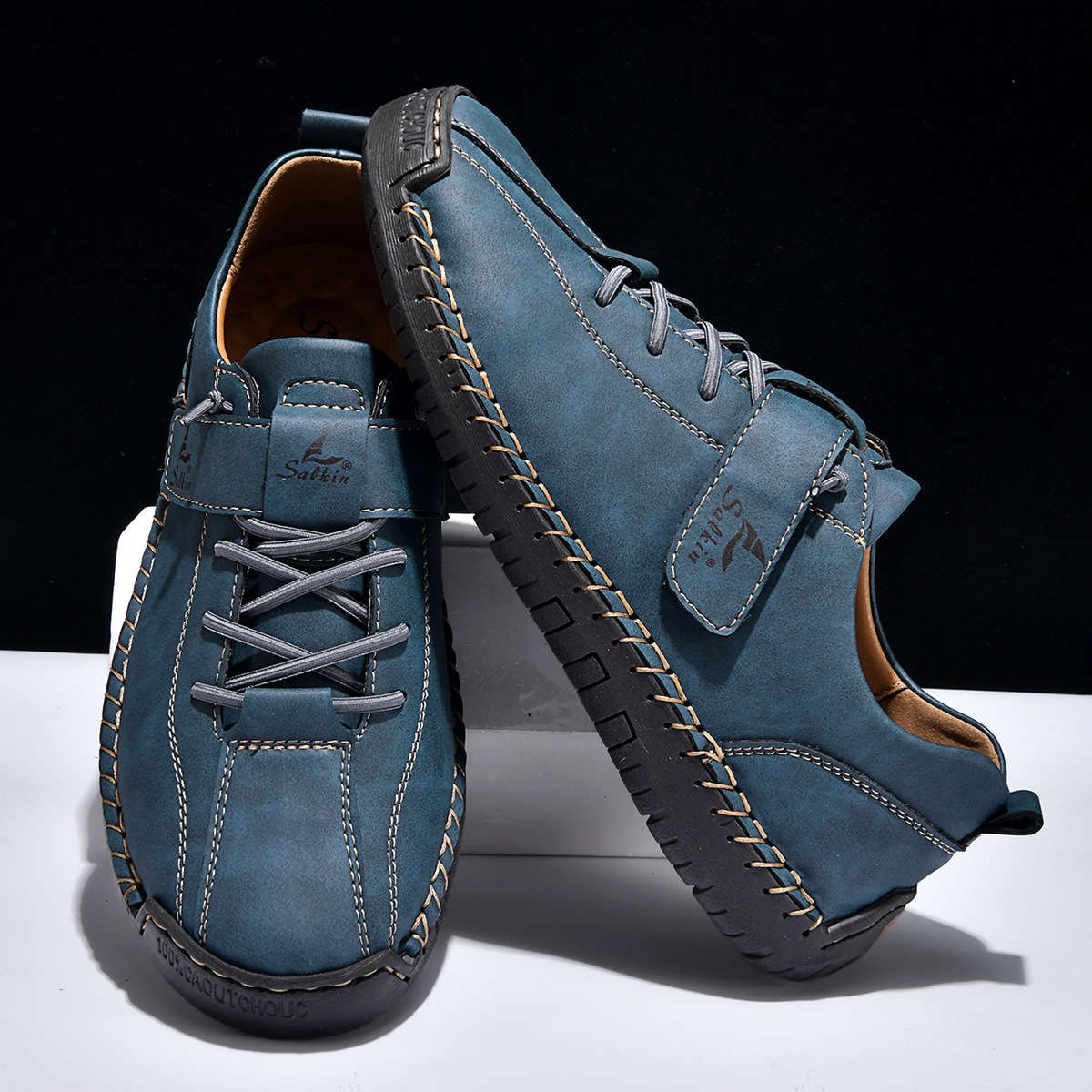 Four Seasons New Large Size Short Boots Men'S Handmade Stitched Leather Shoes Foreign Trade Casual Cross-Border Martin Boots Men'S Lazy Shoes