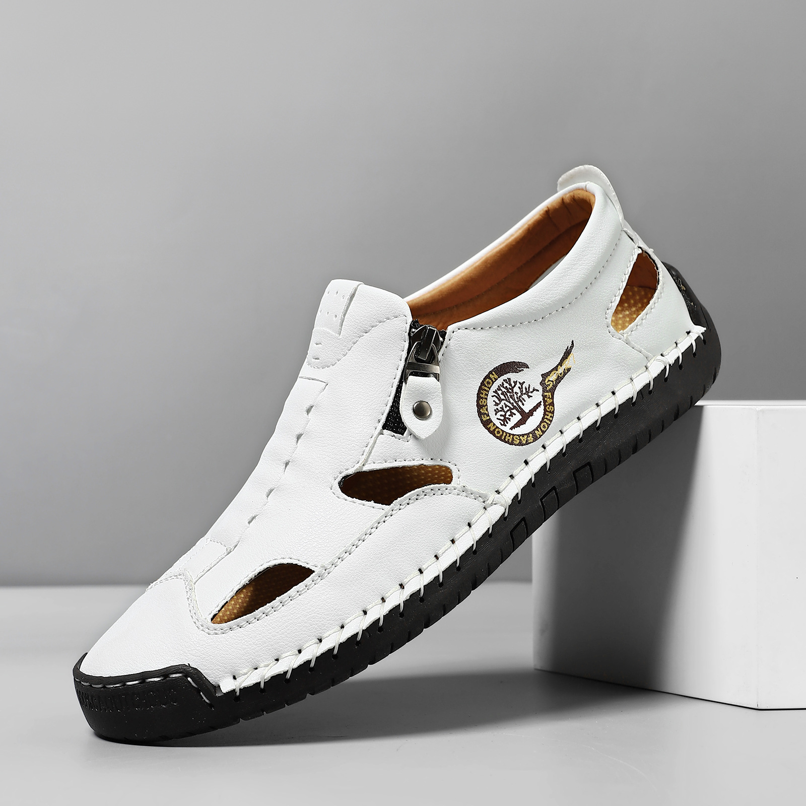 Men's Easy-Zip Leather Loafers – Stitched for Durability, Breathable Perforations to Keep Feet Dry, Non-Slip Outsole