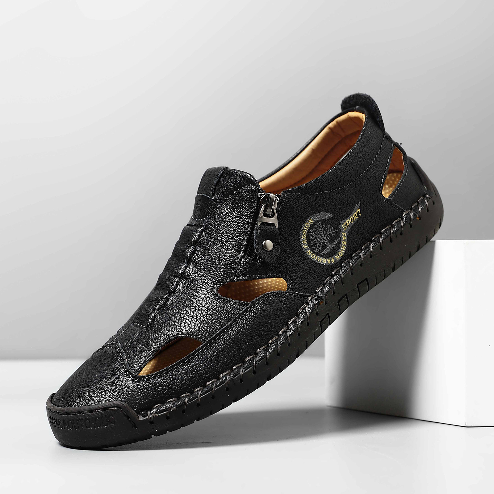 Men's Easy-Zip Leather Loafers – Stitched for Durability, Breathable Perforations to Keep Feet Dry, Non-Slip Outsole