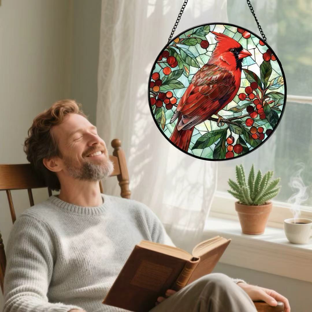 Cardinal Glass Suncatcher, Bird Glass Art, Cardinal Window Hangings, Memorial Suncatcher, Cardinal Lover Gift, Bird Wall Hanging, Home Decor