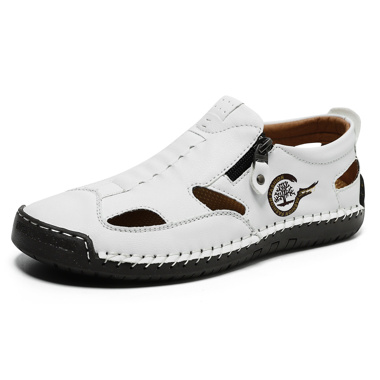 Men's Easy-Zip Leather Loafers – Stitched for Durability, Breathable Perforations to Keep Feet Dry, Non-Slip Outsole