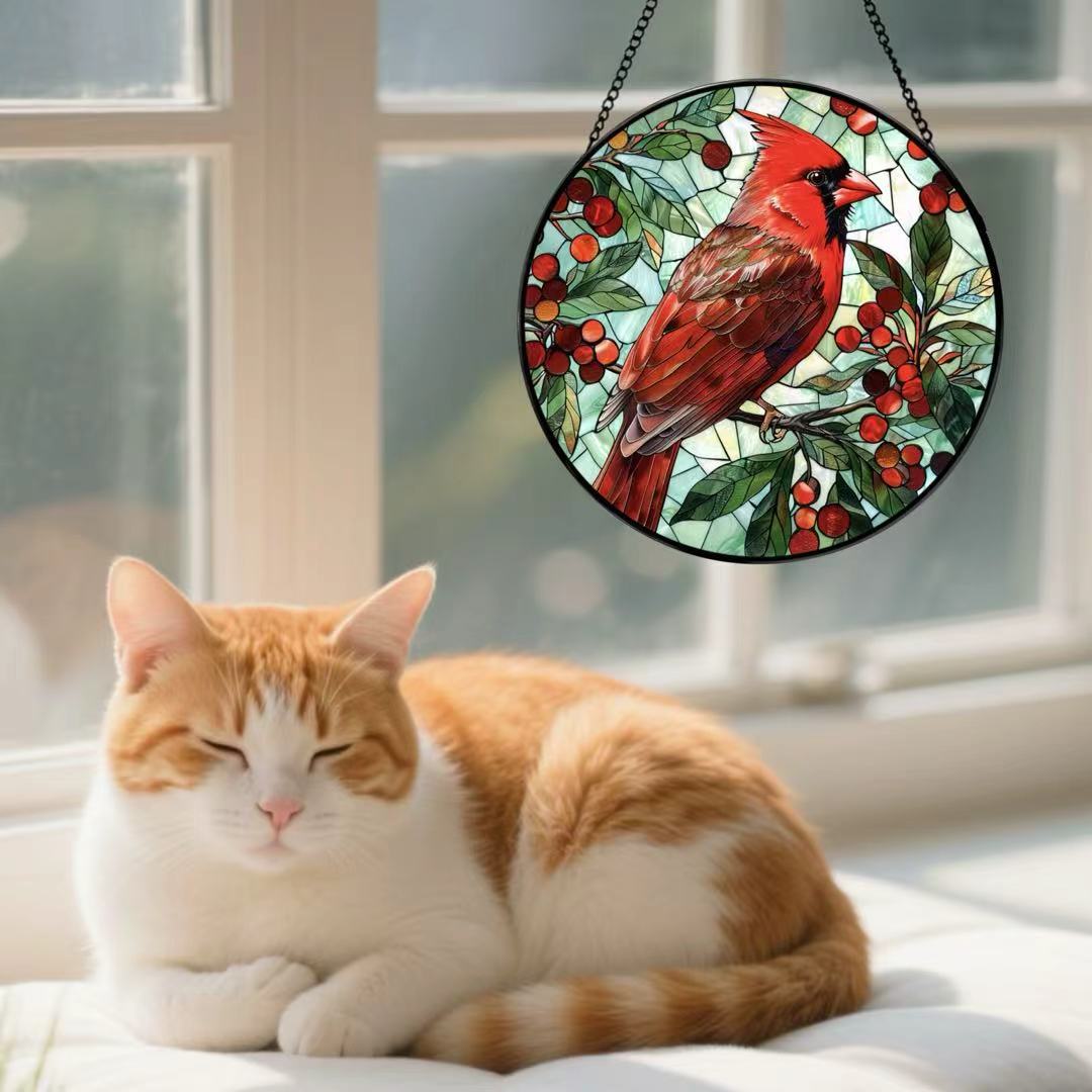 Cardinal Glass Suncatcher, Bird Glass Art, Cardinal Window Hangings, Memorial Suncatcher, Cardinal Lover Gift, Bird Wall Hanging, Home Decor