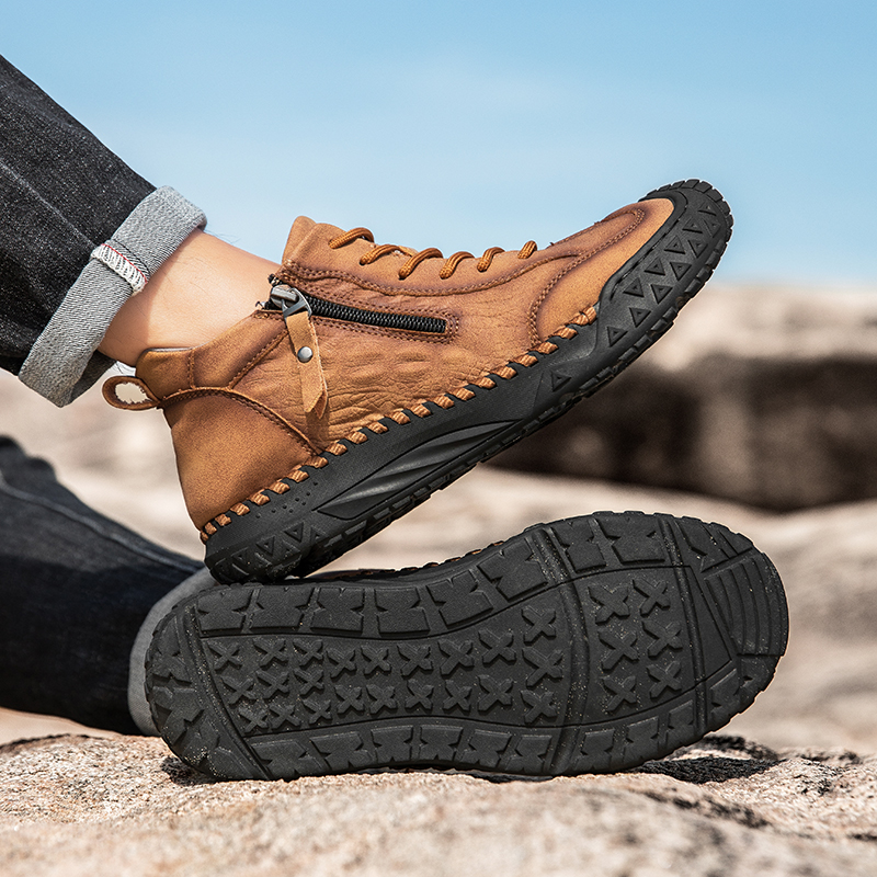 Men's Outdoor Leather Shoes with Zipper – Waterproof, Arch Support & Wide Toe Comfort