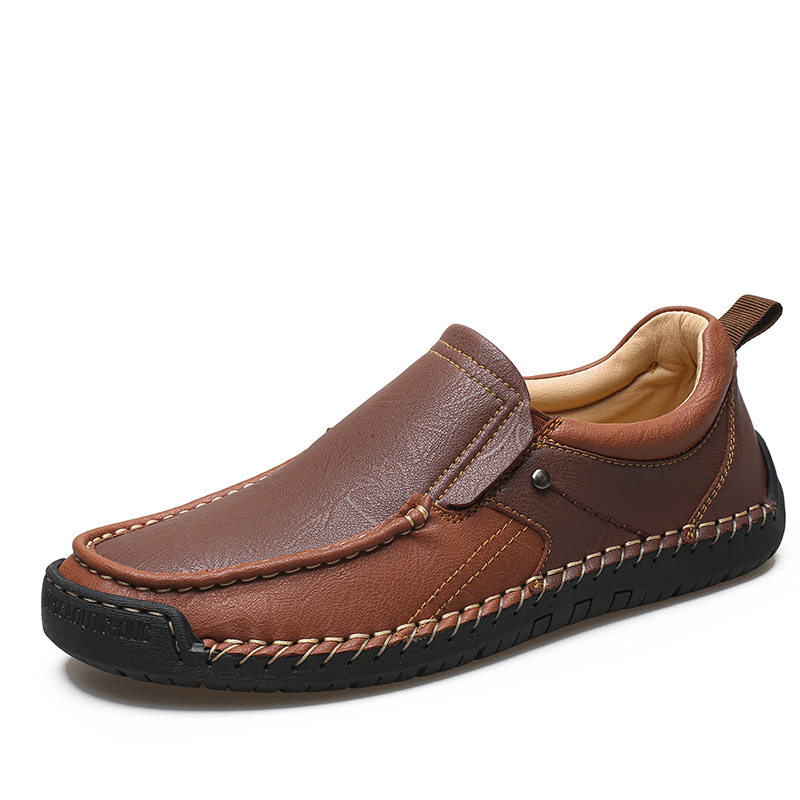Cross-Border Large Size Spring Hand-Sewn Men'S Shoes Soft-Soled Slip-On Casual Leather Shoes Outdoor Slip-On Men'S Beanie Shoes