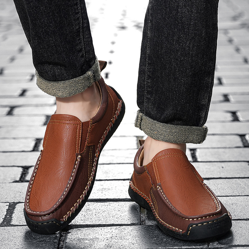 Cross-Border Large Size Spring Hand-Sewn Men'S Shoes Soft-Soled Slip-On Casual Leather Shoes Outdoor Slip-On Men'S Beanie Shoes