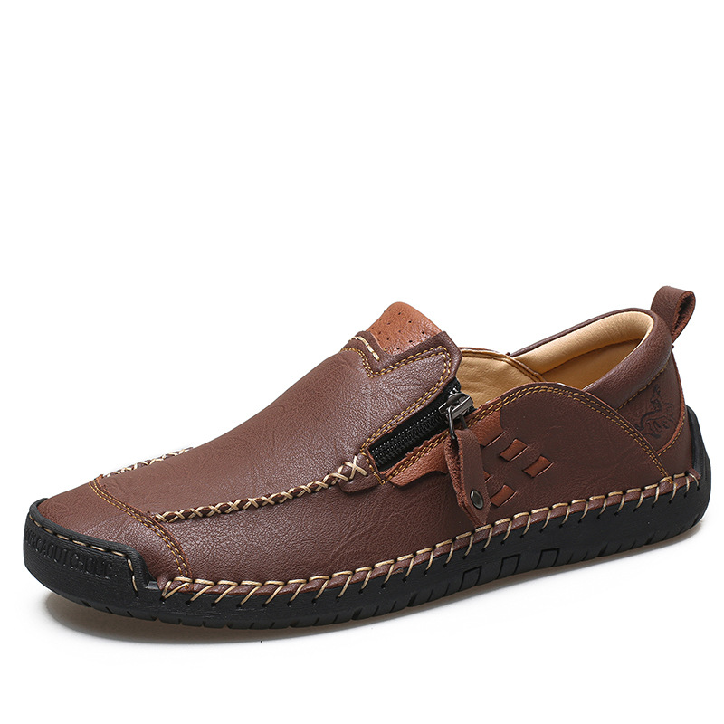 Cross-Border Large Size Spring Hand-Sewn Men'S Shoes Soft-Soled Slip-On Casual Leather Shoes Outdoor Slip-On Men'S Beanie Shoes