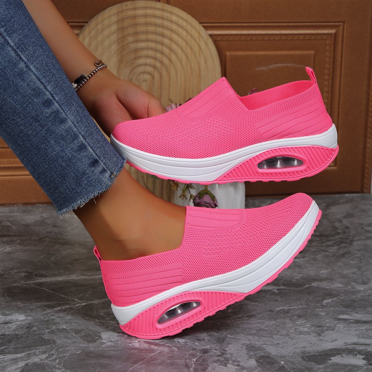 Temu Xiyin Cross-Border New Women'S Casual Sports Air-Cushion Mother'S Shoes Rocking Shoes Single Shoes Non-Slip Flying Weaving Women'S Shoes