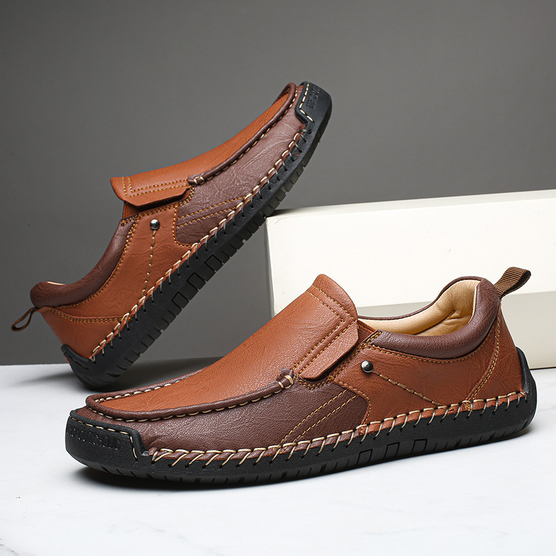 Cross-Border Large Size Spring Hand-Sewn Men'S Shoes Soft-Soled Slip-On Casual Leather Shoes Outdoor Slip-On Men'S Beanie Shoes