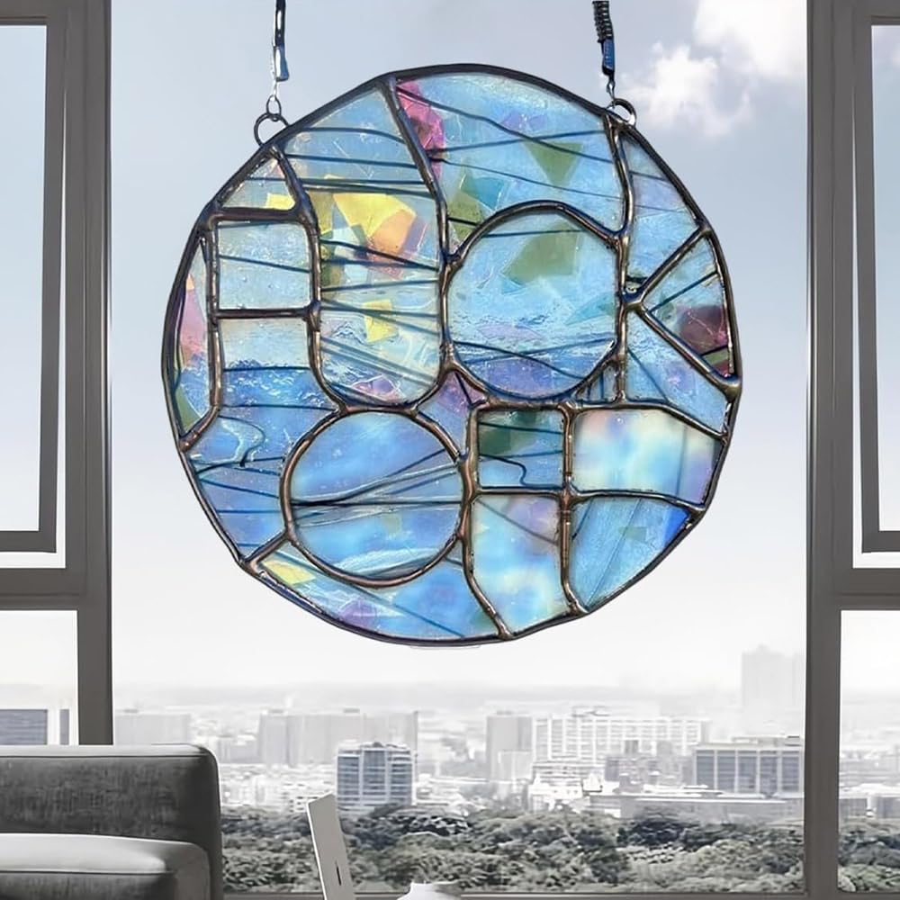 Funny Saying Fuck Off Stained Glass Hanging, Handmade Glass Fuck Off Sun Catcher Hanging Decor, Handmade Stained Glass Cool Fxck Sun Catcher Hanging for Home Office (Blue)
