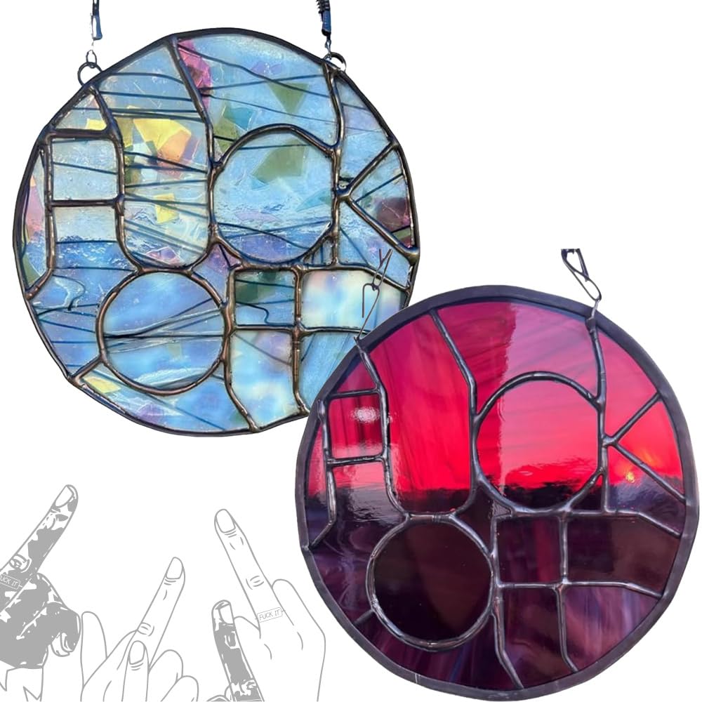 Funny Saying Fuck Off Stained Glass Hanging, Handmade Glass Fuck Off Sun Catcher Hanging Decor, Handmade Stained Glass Cool Fxck Sun Catcher Hanging for Home Office (Blue)
