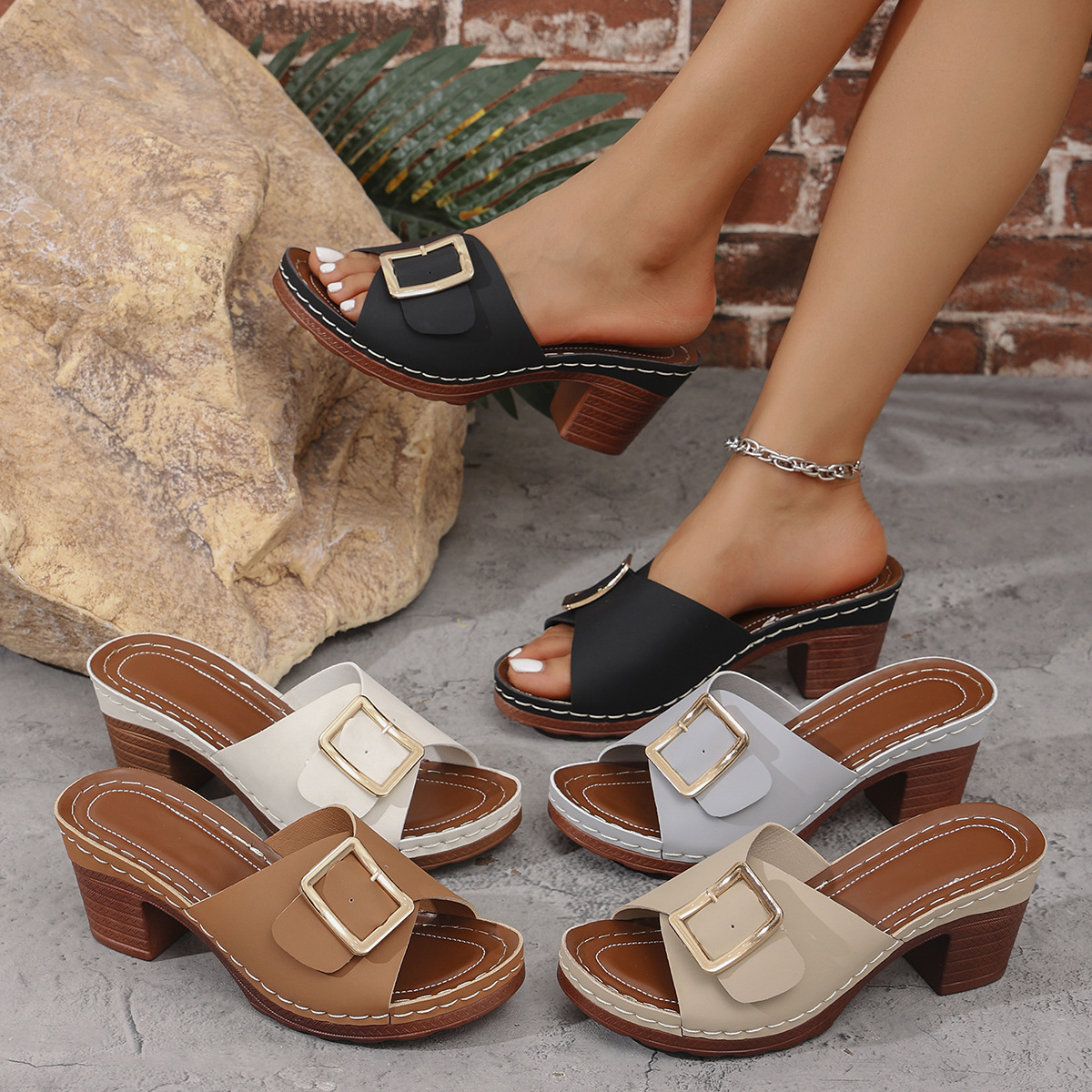 ⏰ Limited Time Sale 60% OFF - Women's Buckle Chunky Heel Slides, 2026 Summer Open-Toe Sandals