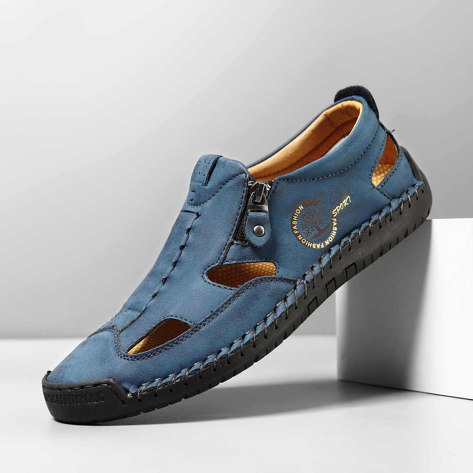 Men's Easy-Zip Leather Loafers – Stitched for Durability, Breathable Perforations to Keep Feet Dry, Non-Slip Outsole