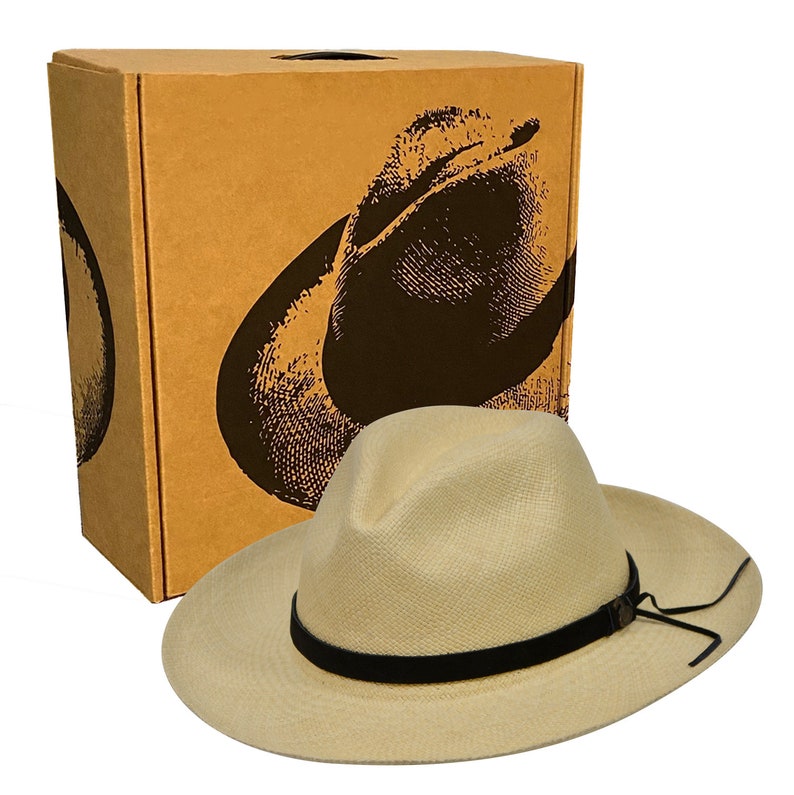 Original Panama Hat - Wide Brim Fedora - Natural Straw - Black Leather Band - Handmade in Ecuador by Ecua-Andino - EA - HatBox Included-BOX PACKING