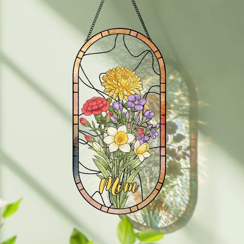 Family Birth Flower Suncatcher, Custom Birth Month Flower Window Hanging, Personalized Stained Glass Style Home Decor Gift