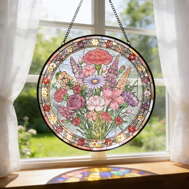 Family Birth Flower Suncatcher, Custom Birth Month Flower Window Hanging, Personalized Stained Glass Style Home Decor Gift