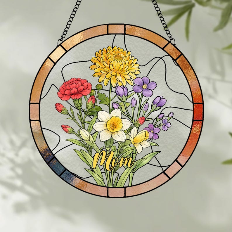 Family Birth Flower Suncatcher, Custom Birth Month Flower Window Hanging, Personalized Stained Glass Style Home Decor Gift