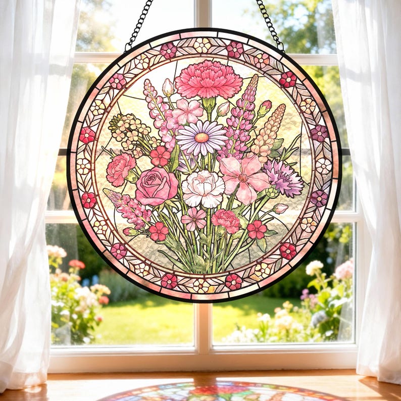 Family Birth Flower Suncatcher, Custom Birth Month Flower Window Hanging, Personalized Stained Glass Style Home Decor Gift