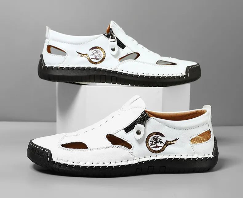 Men's Easy-Zip Leather Loafers – Stitched for Durability, Breathable Perforations to Keep Feet Dry, Non-Slip Outsole