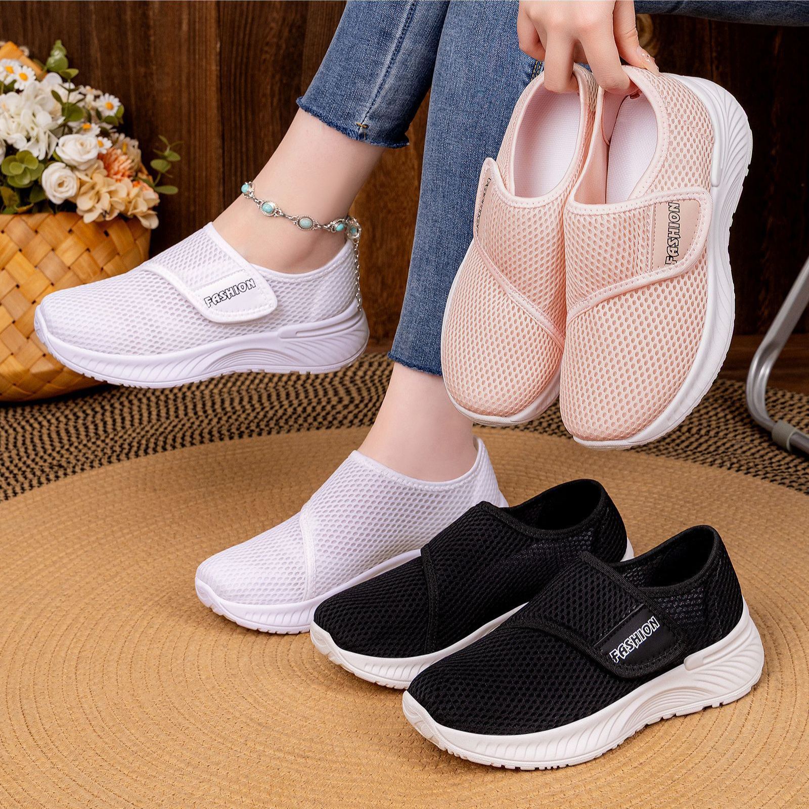 Mesh Shoes Cross-Border Women'S Casual Shoes Spring New Women'S Shoes Lazy Velcro Breathable Shoes Lightweight Walking Mom Shoes