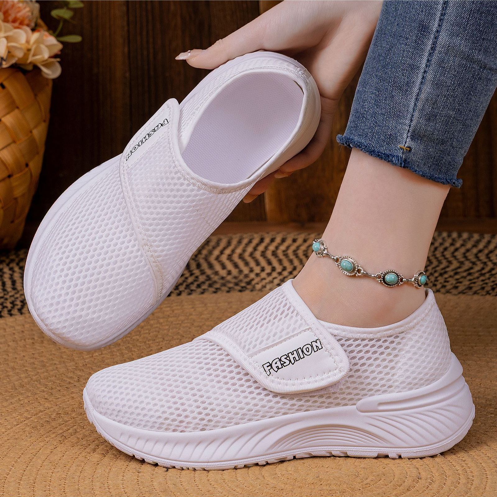 Mesh Shoes Cross-Border Women'S Casual Shoes Spring New Women'S Shoes Lazy Velcro Breathable Shoes Lightweight Walking Mom Shoes