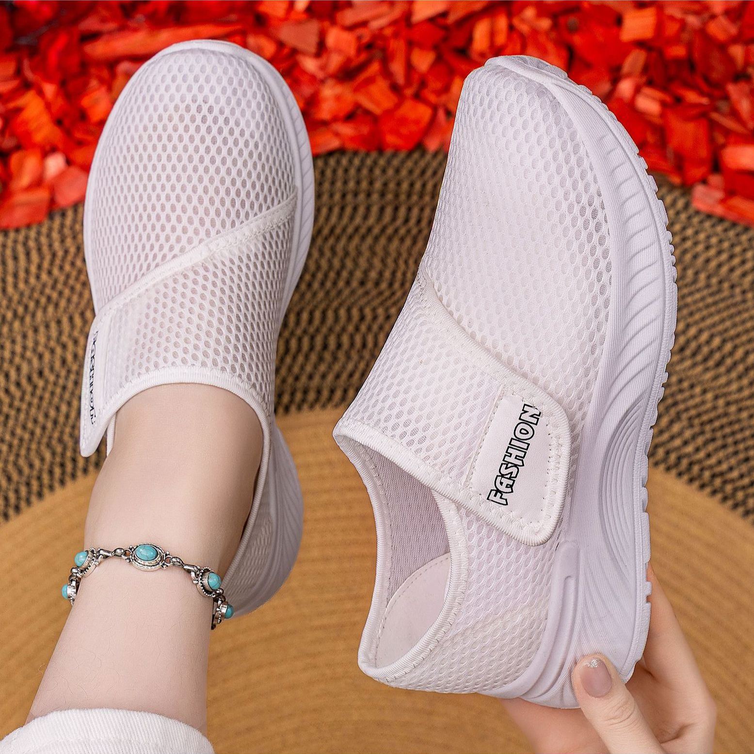 Mesh Shoes Cross-Border Women'S Casual Shoes Spring New Women'S Shoes Lazy Velcro Breathable Shoes Lightweight Walking Mom Shoes