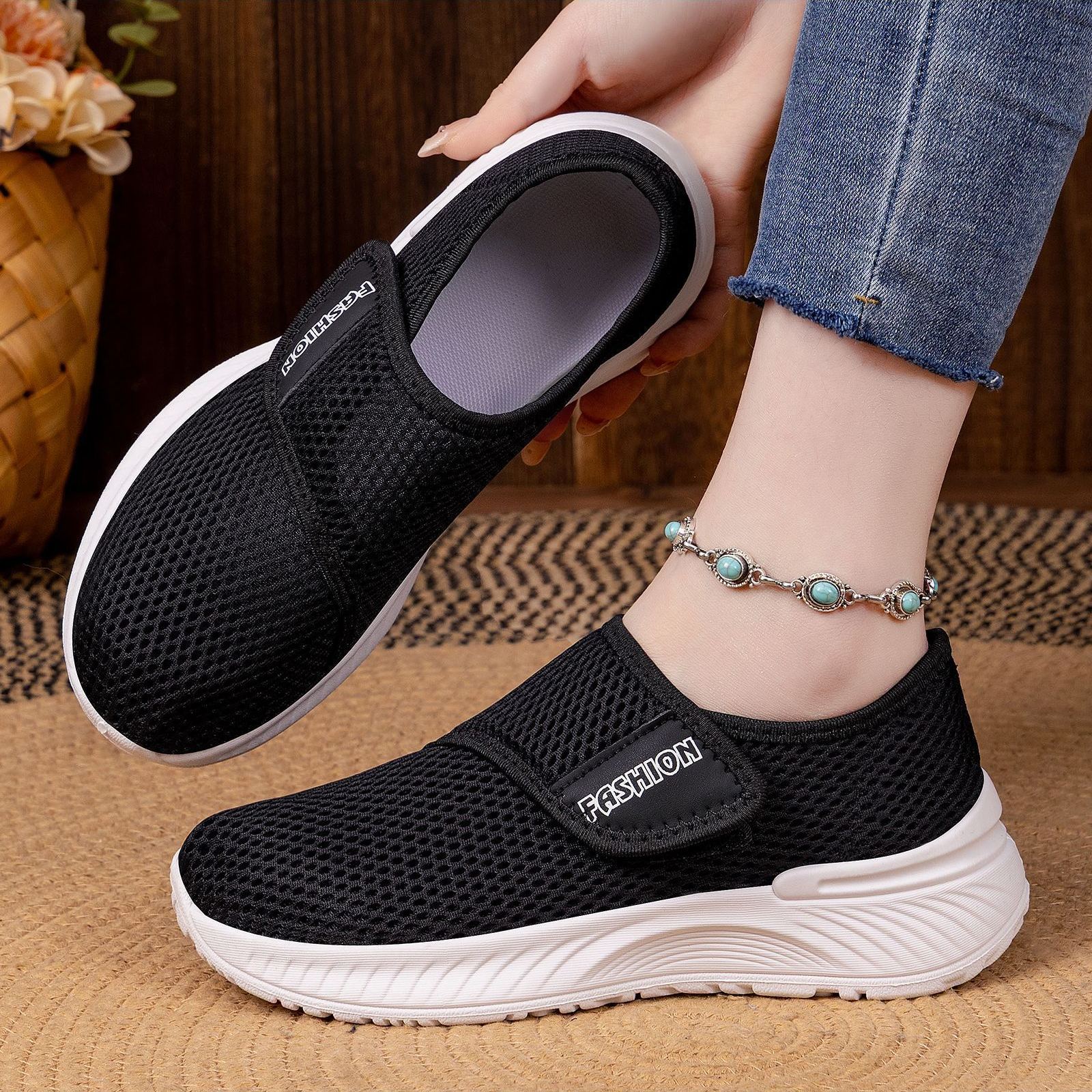 Mesh Shoes Cross-Border Women'S Casual Shoes Spring New Women'S Shoes Lazy Velcro Breathable Shoes Lightweight Walking Mom Shoes
