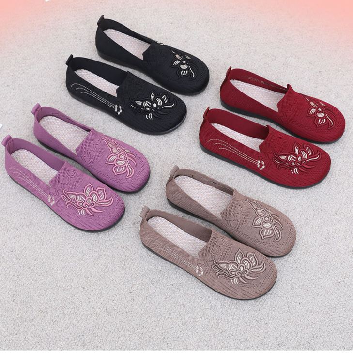 2026 Spring New Arrival—Women's No-Tie Embroidered Slip-Ons – Breathable Flyknit & Non-Slip Comfort for All-Day Walking