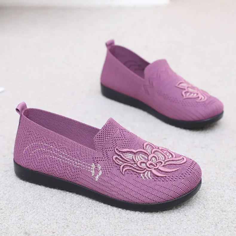2026 Spring New Arrival—Women's No-Tie Embroidered Slip-Ons – Breathable Flyknit & Non-Slip Comfort for All-Day Walking
