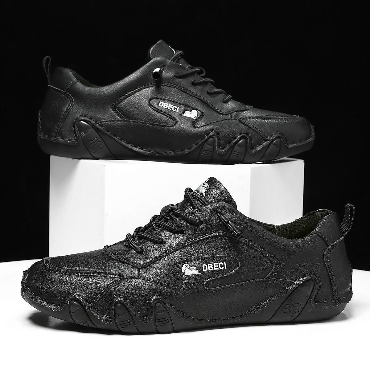 Men's Outdoor Genuine Leather Shoes – Breathable, Wide Toe & No-Tie Laces Comfort