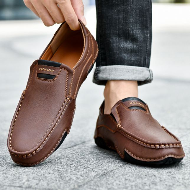 Hollow Hand-Stitched Men'S Shoes, Outdoor Casual Shoes, Slip-On Flat Leather Shoes, Low-Cut Large Size Cross-Border Loafers