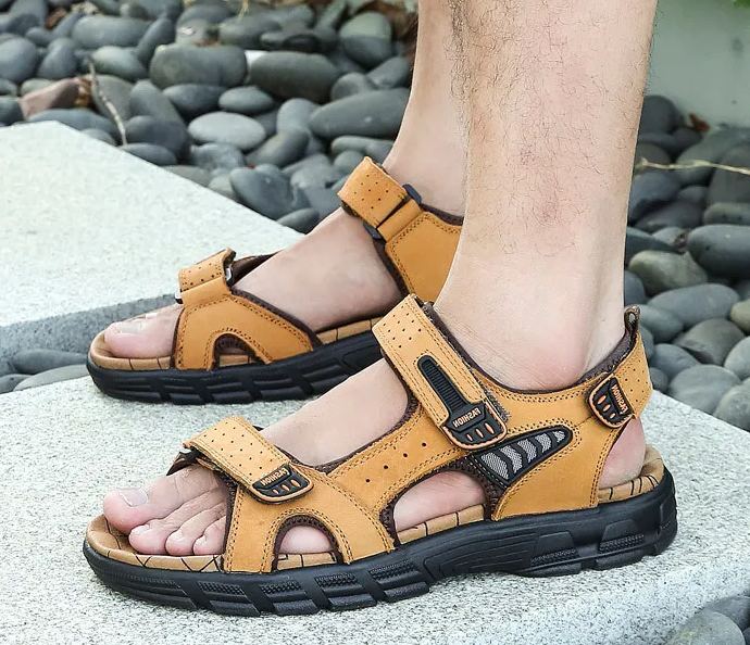 First-Layer Cowhide Cross-Border Sandals For Men, Thick-Soled, Open-Toed, Men'S Beach Shoes, Soft-Soled, Fashionable, Large-Size Outdoor Casual Shoes