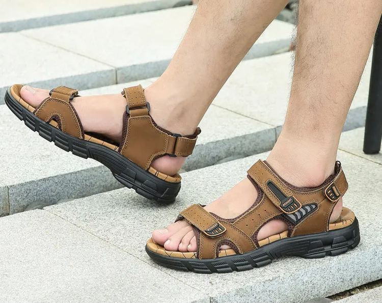 First-Layer Cowhide Cross-Border Sandals For Men, Thick-Soled, Open-Toed, Men'S Beach Shoes, Soft-Soled, Fashionable, Large-Size Outdoor Casual Shoes