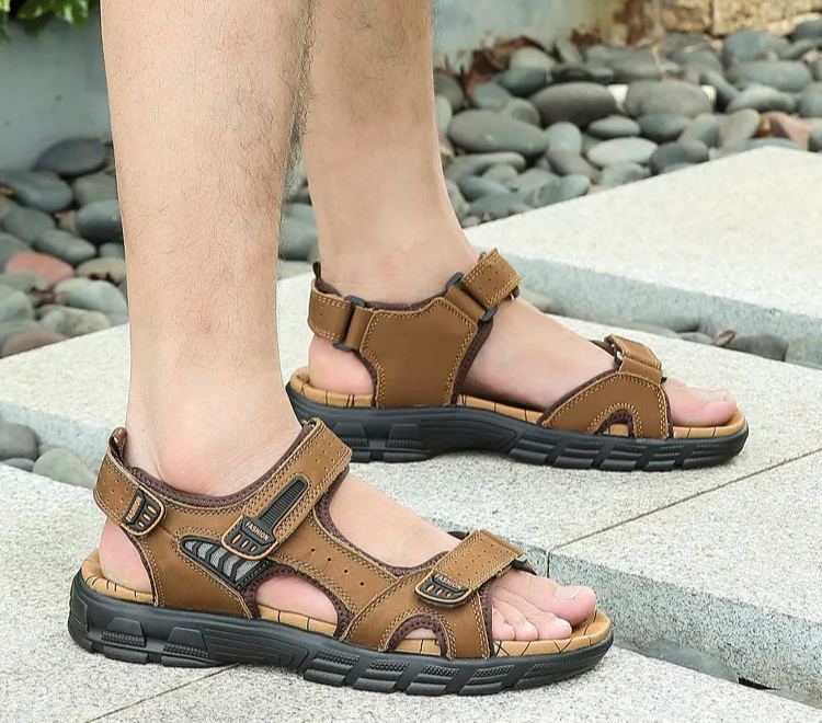 First-Layer Cowhide Cross-Border Sandals For Men, Thick-Soled, Open-Toed, Men'S Beach Shoes, Soft-Soled, Fashionable, Large-Size Outdoor Casual Shoes