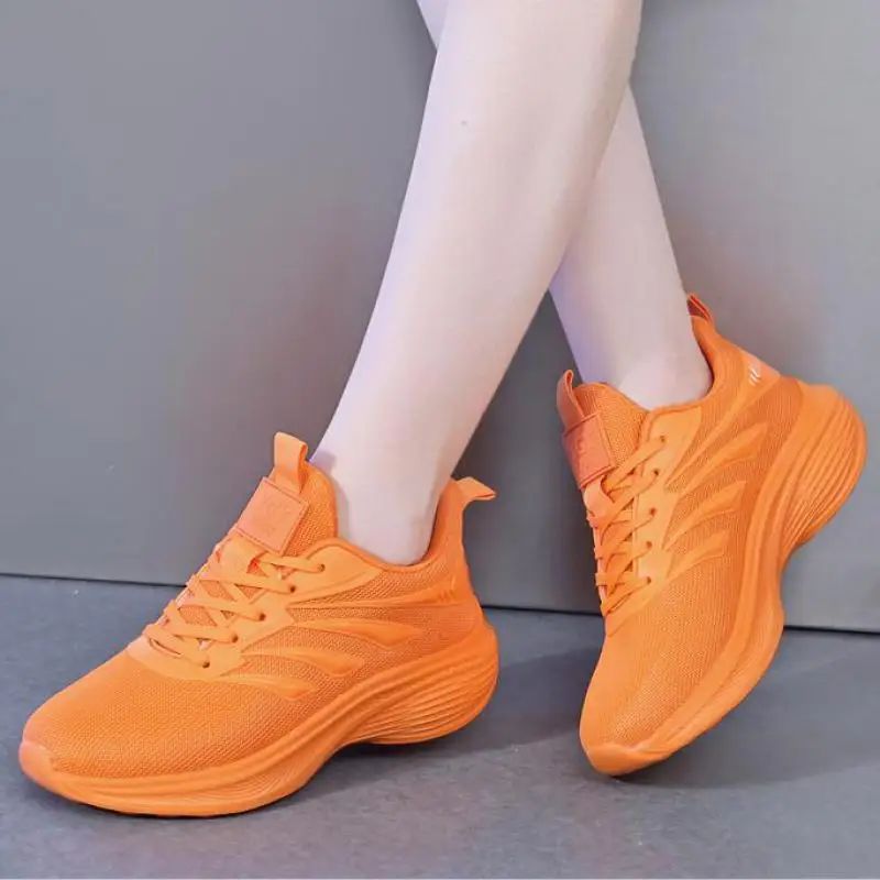 Orange Casual Shoes Women Breathable Mesh Thick Sole Sneakers Ladies Tennis Shoes Lightweight 2026 Spring Outdoors Walking Shoes