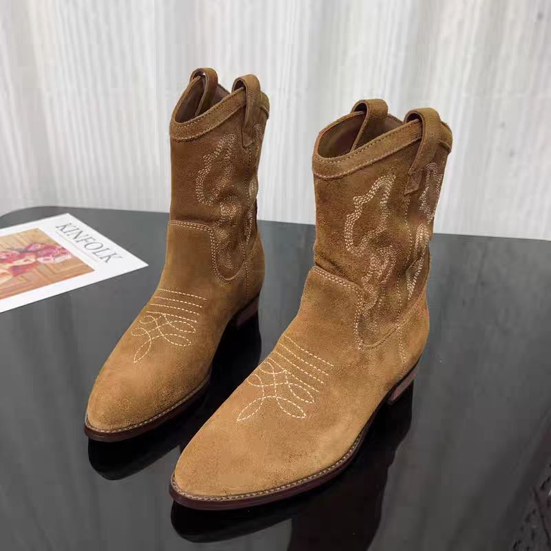 🌸🎉 Trendy Must-Have! Only a Few Left! ✨🥿💫Women's Outdoor Fashion Leather Embroidered Western Cowboy Ankle Boots