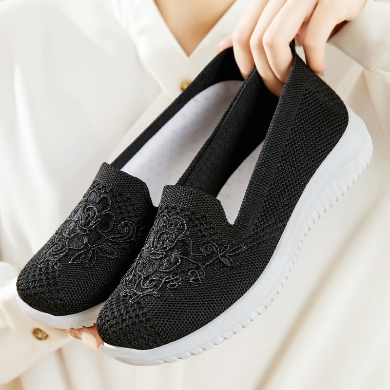 Women's Knitted Embroidery Sneakers, Lightweight Breathable Slip On Orthopedic Soft Sole Shoes