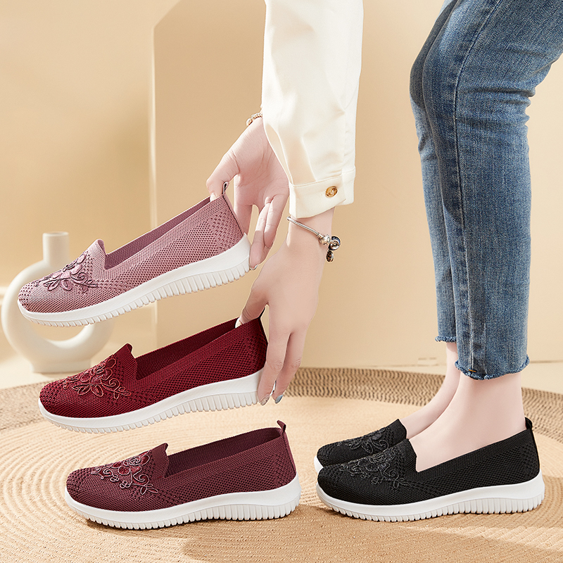 Women's Knitted Embroidery Sneakers, Lightweight Breathable Slip On Orthopedic Soft Sole Shoes