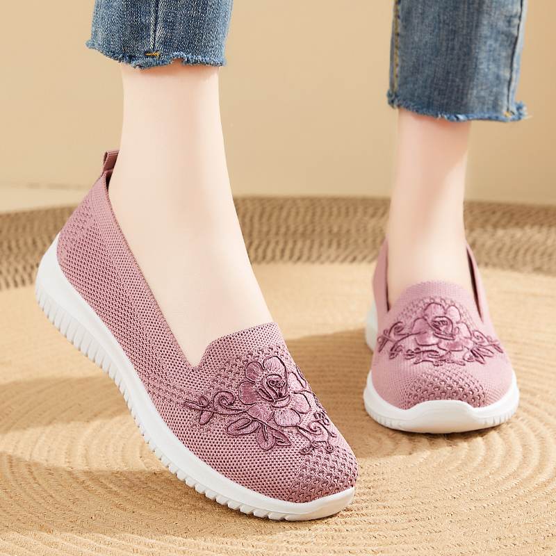 Women's Knitted Embroidery Sneakers, Lightweight Breathable Slip On Orthopedic Soft Sole Shoes