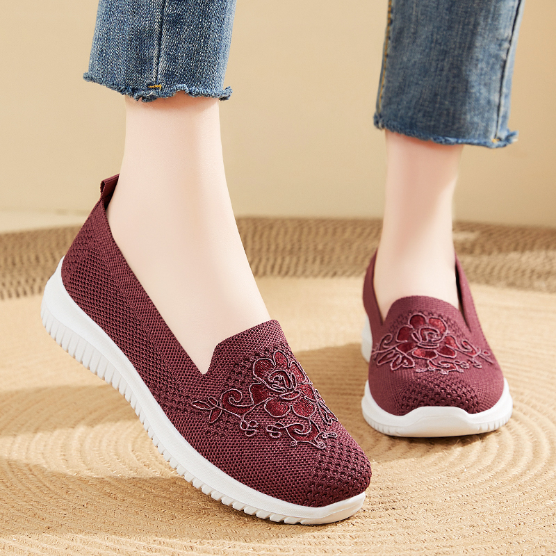 Women's Knitted Embroidery Sneakers, Lightweight Breathable Slip On Orthopedic Soft Sole Shoes