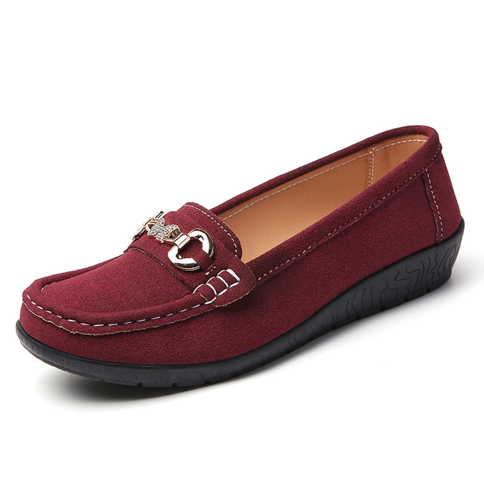 Wine Flocked Slip On Loafers For Women With Non Slip Bottom Lightweight And Comfortable Ideal For Daily Use And Light Activities