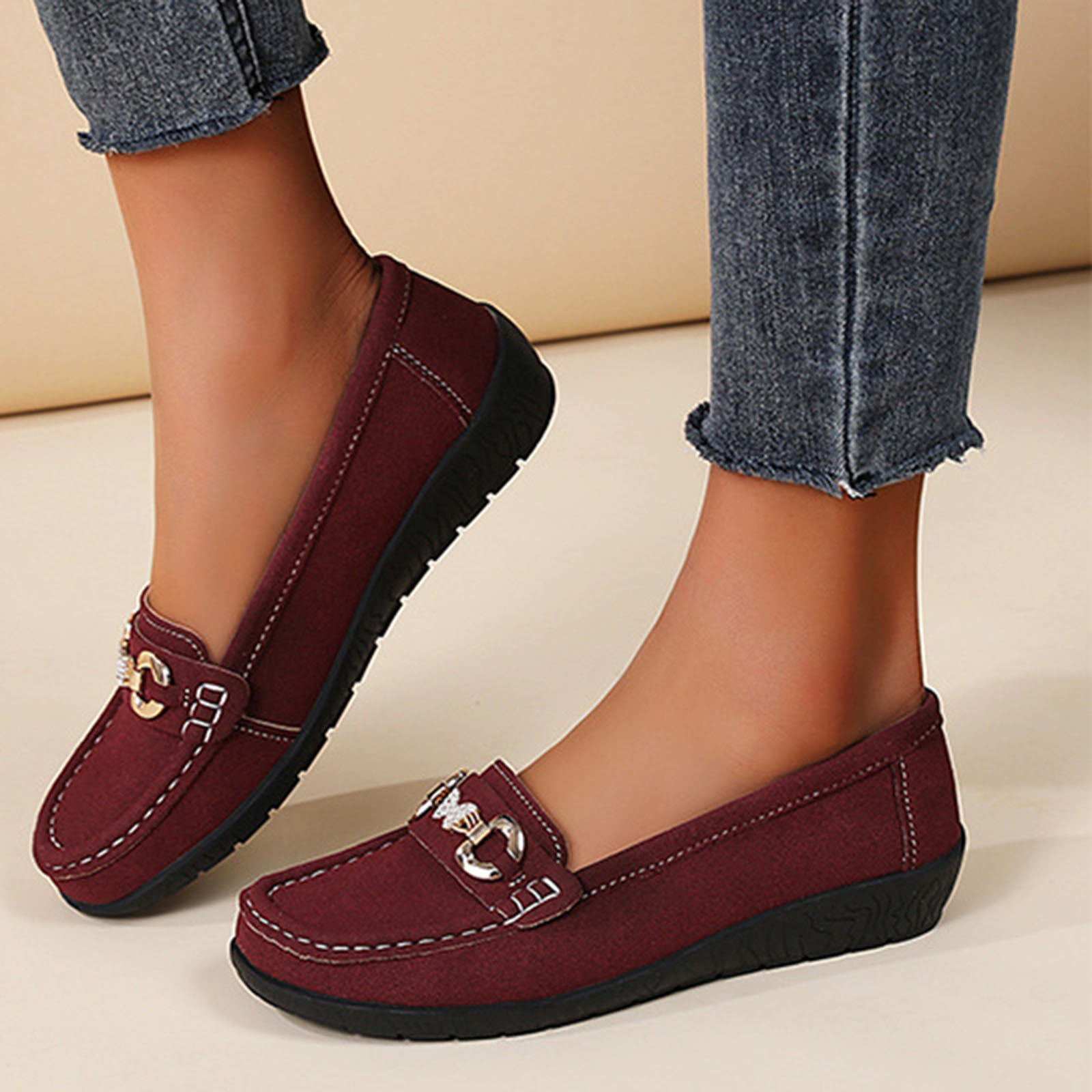 Wine Flocked Slip On Loafers For Women With Non Slip Bottom Lightweight And Comfortable Ideal For Daily Use And Light Activities