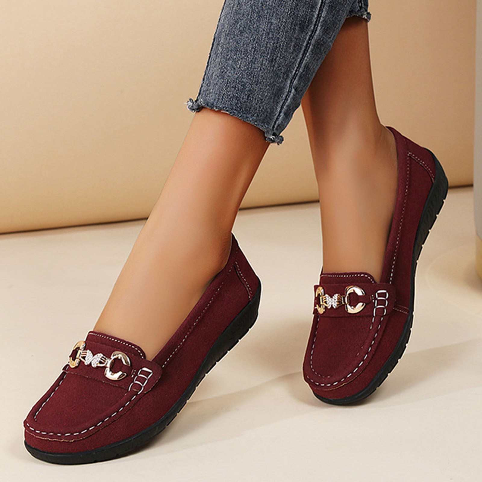 Wine Flocked Slip On Loafers For Women With Non Slip Bottom Lightweight And Comfortable Ideal For Daily Use And Light Activities